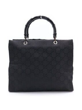 Gucci Tote Bag Back Bamboo GG Canvas Silver Nylon Black